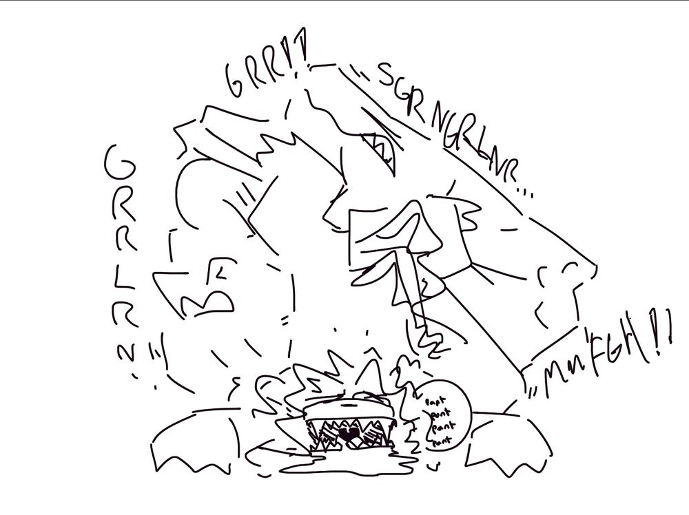 An anthro dog having eaten multiple struggling prey, laying on her oversized belly while her face is on the ground. She's drooling and panting.