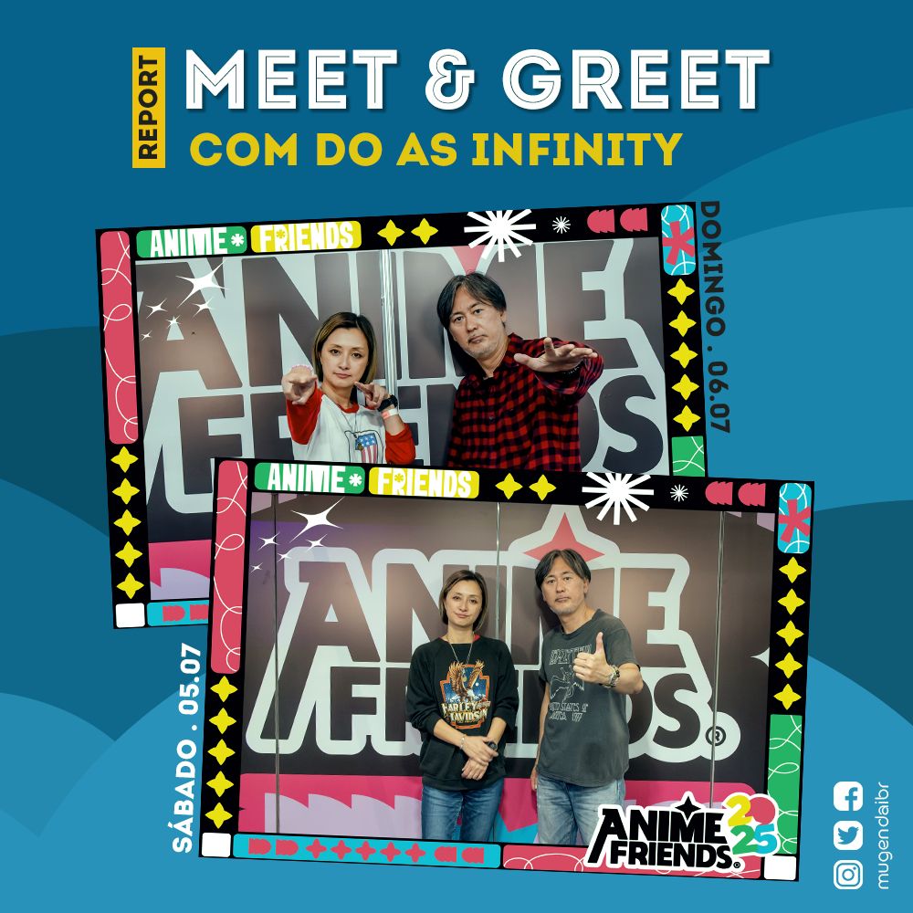 Imagem com fundo em tons de azul e duas fotos com os integrantes da banda Do As Infinity, Tomiko Van e Ryo Owatari, fazendo pose olhando para a câmera. No topo da imagem, o texto " Report Meet & Greet com Do As Infinity"
