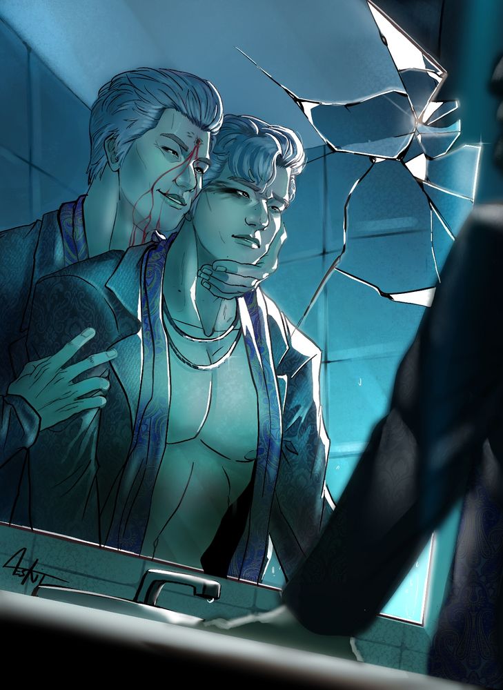 Yeonsu having a mental breakdown in front of a mirror after failing to complete the Han Joongi look on himself. Highly hallucinating Han by his side, keeping his head high from the shame he feels for himself and longing for the return of his first lover/ Master. Han Joongi is depicted as dead with a bullet hole in his forehead, adding an additional layers of Yeonsu failures.
