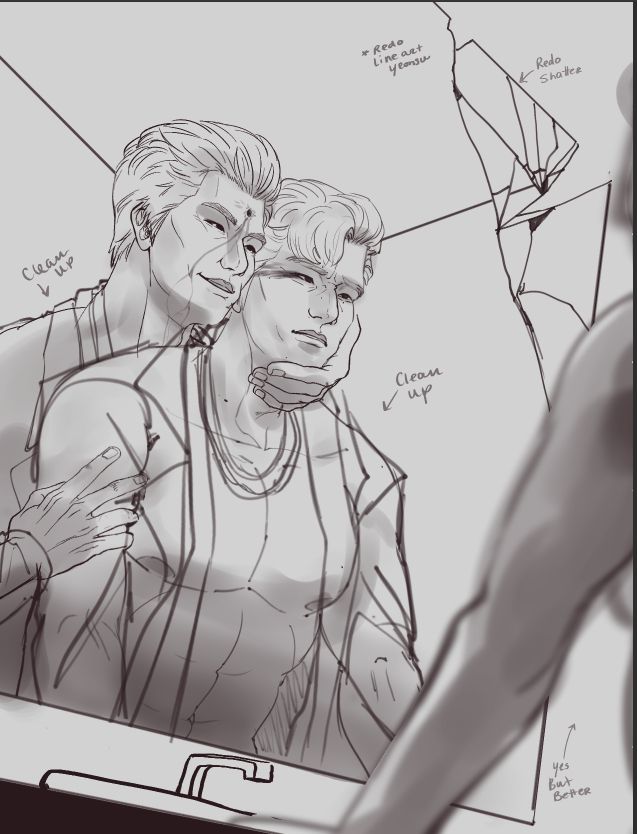Yeonsulooking into a broken mirror and seeing his reflection along side Han Joongi, dead with a bullet hole in his forehead. overwhelmed by hatred of himself and sadness of having failed his previous master. Joongi holding his head high, smiling and looking at him through the reflection. 