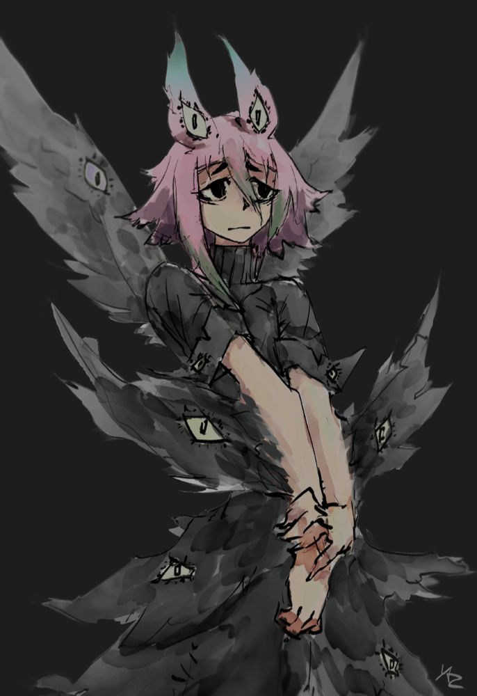 mouthfulhansel's OC crowna. they have many wings with eyes on them
