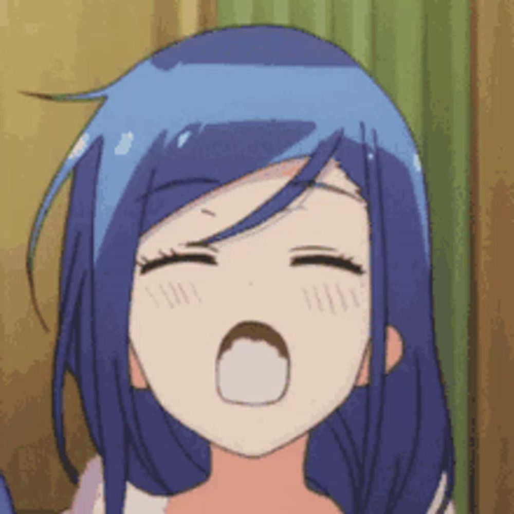 a close up of a girl with blue hair yawning