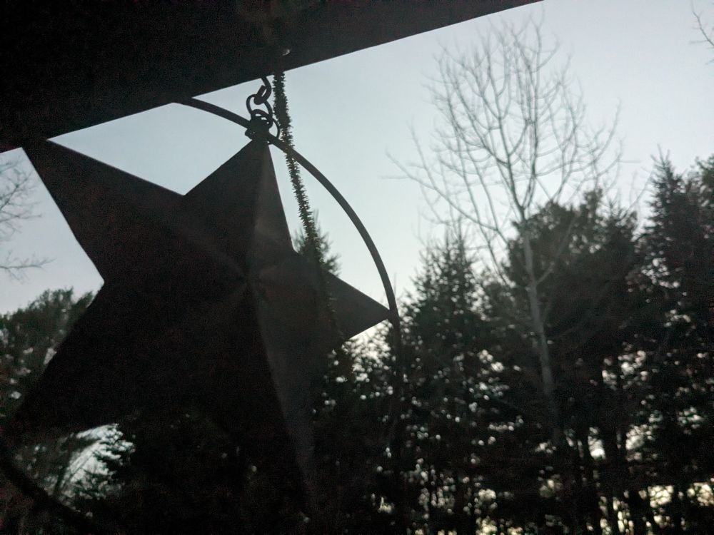 a hanging decoration in the shape of a star, on a background of dark foliage and a grey sky
