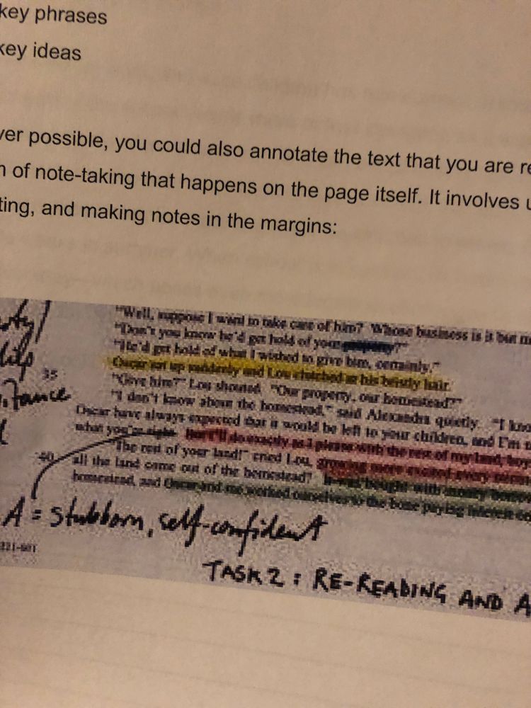 A page from a study guide on annotations. It contains a picture of the page of a book with text passages highlighted in different colours, and notes are made in the margins  