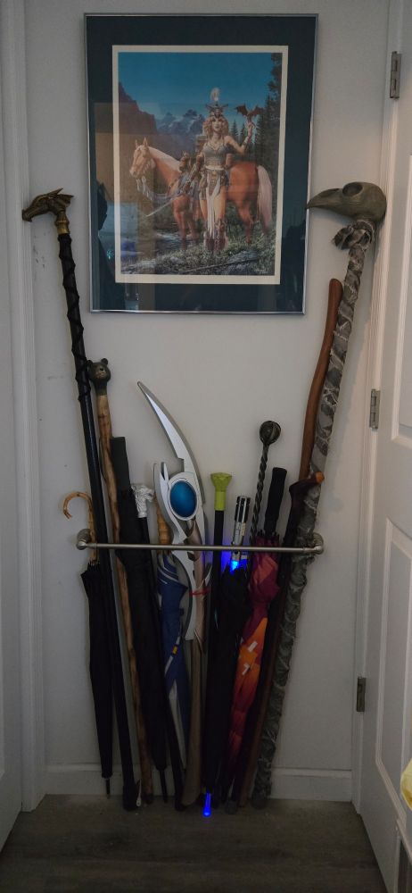 A towel rod mounted in a small hallway, approximately 30 inches from the floor. Being held up by the rod are several geeky staffs, canes, and umbrellas, and a chitauri scepter.