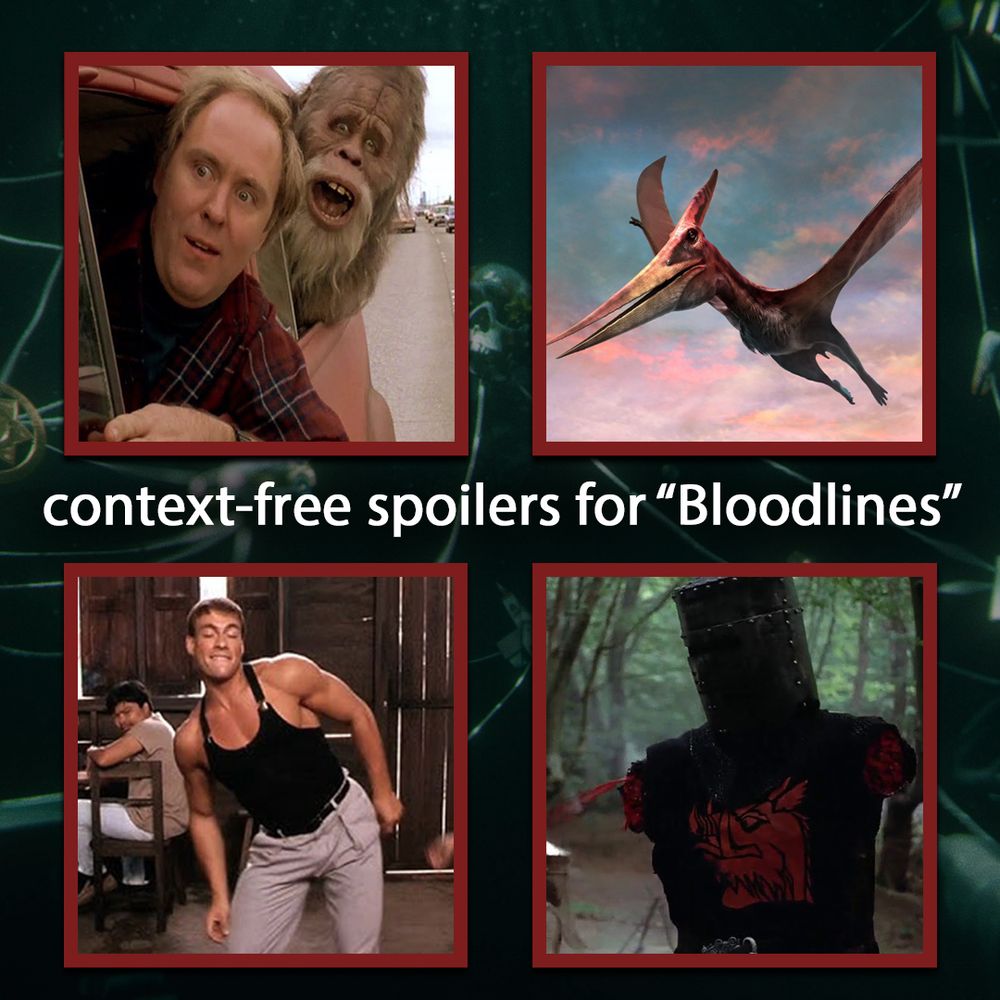 square picture with four square images within, those being one of a scene with John Lithgow and Harry with their heads outside the car window taken from the film 'Harry and the Hendersons'; one of a pterodactyl flying; one of a scene with Jean-Claude Van Damme dancing taken from the film 'Kickboxer', and one of a scene with the limbless Black Knight taken from the film 'Monty Python & the Holy Grail'
