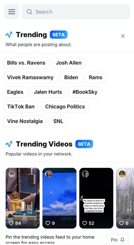 Bluesky search screen with trending videos