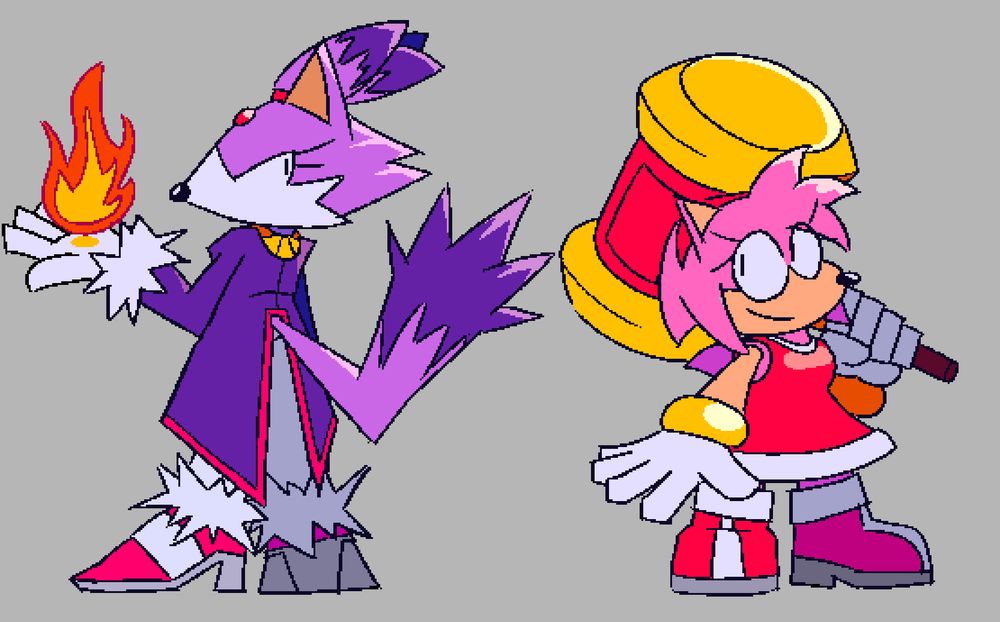 stylized designs for blaze the cat (left) and amy rose (right) from the sonic the hedgehog series. blaze is facing away and holding a flame, while amy is holding her hammer and smiling.