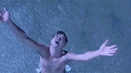 The scene from Shawshank Redemption where Andy Dufresne has escaped from prison. He stands, shirtless, with his arms raised as rain pours down on his upturned face and lightning flashes.