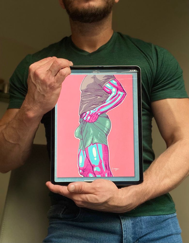 In the image, the artist holds an iPad displaying one of his canvas art prints available in his shop. The featured artwork depicts an attractive man with a noticeable bulge, captured in a moment of getting ready to go jogging or out cruising.