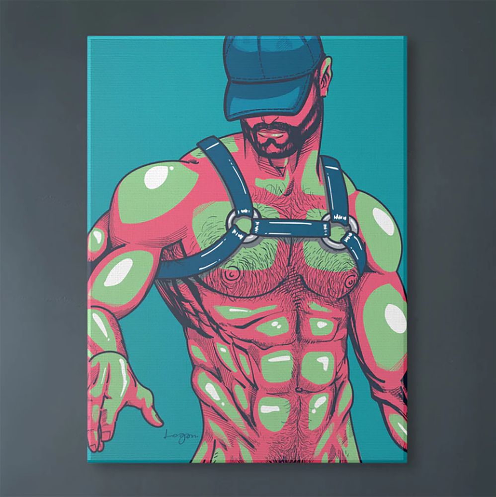 A muscular man mid-dance, wearing nothing but a leather harness and a cap. His body glistens under stage lights, muscles flexing as he moves to the beat. His confident pose and intense gaze radiate heat, power, and playfulness.