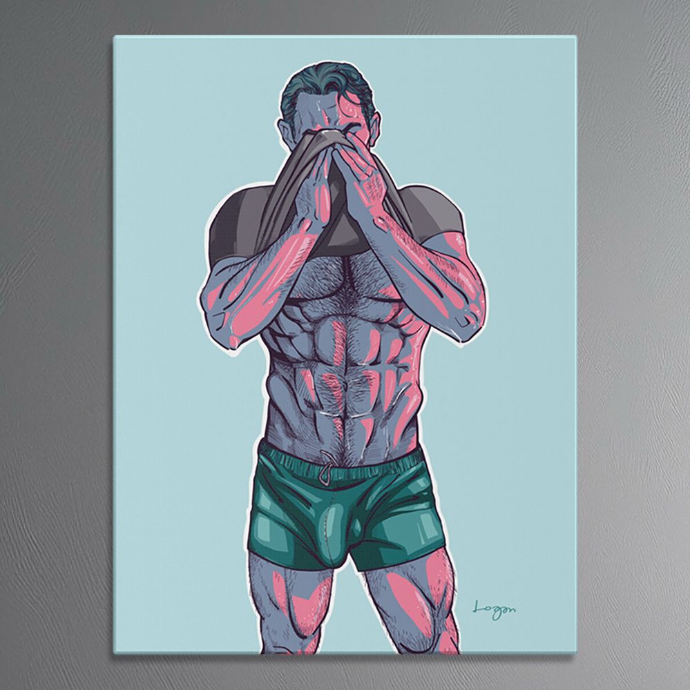 A hot guy at the gym wiping sweat off his face with his t-shirt, showing off toned abs and a very noticeable bulge through his shorts. This art is pure heat and confidence, made for anyone who loves bold queer vibes.

#SweatAndStrength #QueerVibes #HotAndConfident #DaddyHunk #GayAndProud #gay #LGBTQ+ #abs