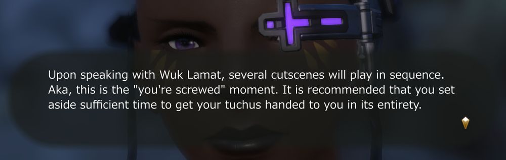 A close-up of a FFXIV notification overlay, which has a slightly transparent backdrop. Within it it says "Upon speaking with Wuk Lamat, several cutscenes will play in sequence. Aka, this is the "you're screwed" moment. It is recommended that you set aside sufficient time to get your tuchus handed to you in its entirety." Behind it is a close-up of the player's WoL looking intensely into the camera