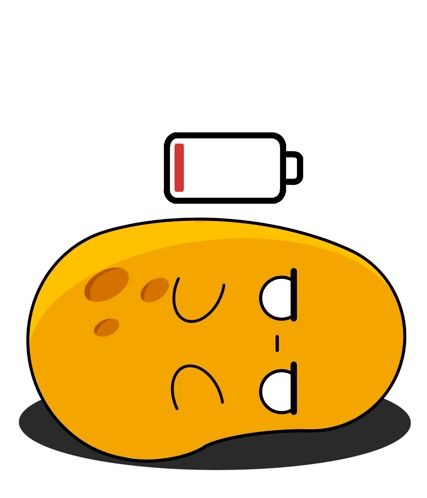 a cartoon drawing of a potato with a low battery on top of it