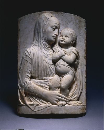 In the later 1400s, artists increasingly infused sacred subject matter with a classical vocabulary. The shallow relief and simplified forms ultimately stemmed from ancient sculpture, bringing gravity as well as novelty to a conventional theme. Yet naturalistic elements such as the baby’s bulging navel, chubby wrists, and shirt pulled up to reveal his genitals all humanize Christ, a critical principle of Christian dogma.