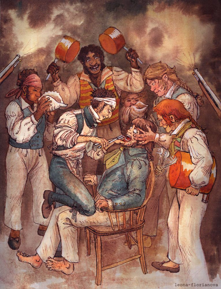 He then looked at a Dromedary, distracted with toothache, decided that the tooth must come out, and sent for the drummer and two of the man's messmates to hold his head.
'Which we ain't got no drummer, sir,' said his loblolly boy. 'All the jollies was left at Malta.'
'Very true,' said Stephen. 'But a drum I must have.' He was not very good at drawing teeth and he liked his patient to be deafened, amazed, stupefied by a thundering in his ears. 'Has this ship never a drum for a fog?'
'No, sir,' said the Dromedary's messmates. 'We uses conchs and a musket.'
'Well,' said Stephen, 'that might answer too. Let it be so. My compliments to the gentleman in charge of the watch and may I have conchs and a musket. No. Stay. The galley must surely have cauldrons and kettles that could be beat.'
But few messages are ever perfectly understood, few are delivered unimproved upon, and the tooth came out -came out at bloody last, piece by piece - to the howling of conchs, the fire of two muskets, and the metallic thunder of several copper pots.

--Treason's Harbour