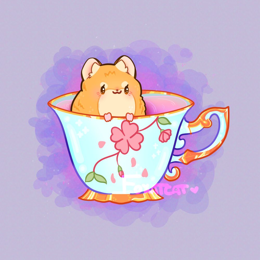 A small beige hamster sitting in a blue teacup with golden accents 
The hamsters eyes are sparkling, and the hamster is smiling.
The background is purple with darker purple and pink clouds behind the teacup