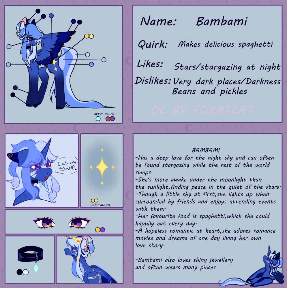 A reference image of Bambami, a blue pony character. On the left, there is text about the character, name, likes, dislikes, and a short bio. Summary: she likes jewellery,  dislikes the dark, likes romance. On the right, there are different angles of the character, so you can see the pattern, colours, and the black necklace 