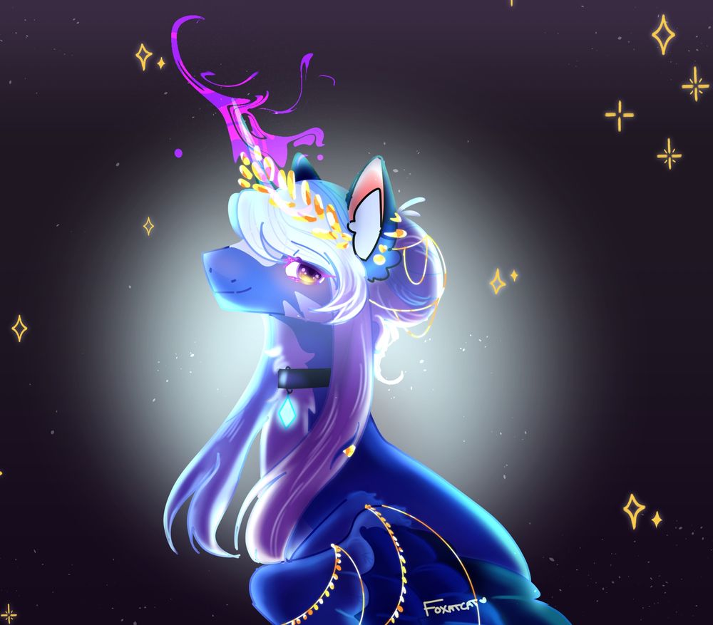 Bambami, a blue pony with purple magic coming from her horn. She has light emitting from behind and sparkles around her.
