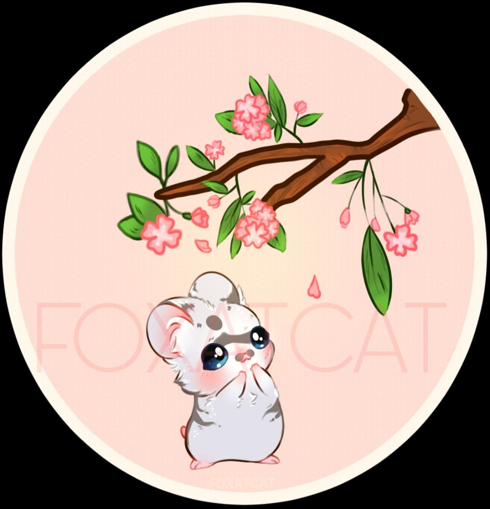 A circle canvas with a white, grey and black hamster. The hamster has black patterns on its body and blue, big sparkly eyes.
The hamster is looking at a blossom branch with pink flowers.
The background is a peach pink colour 