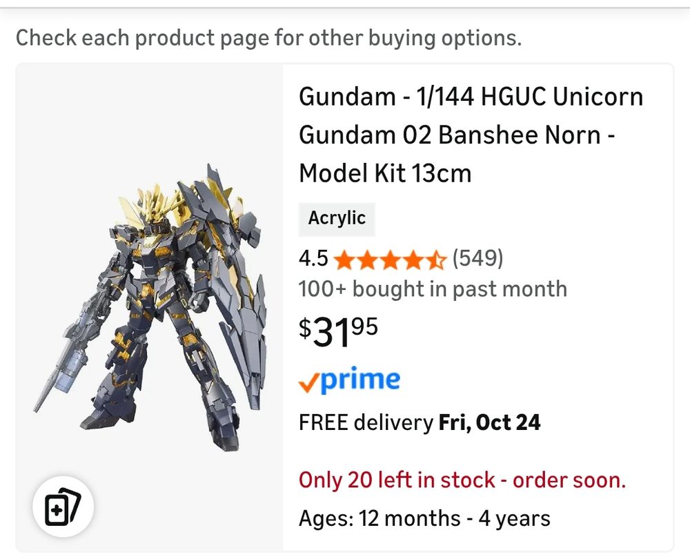 an amazon listing of Gundam 02 Banshee model kit, with the age range set to 12 months to 4 years