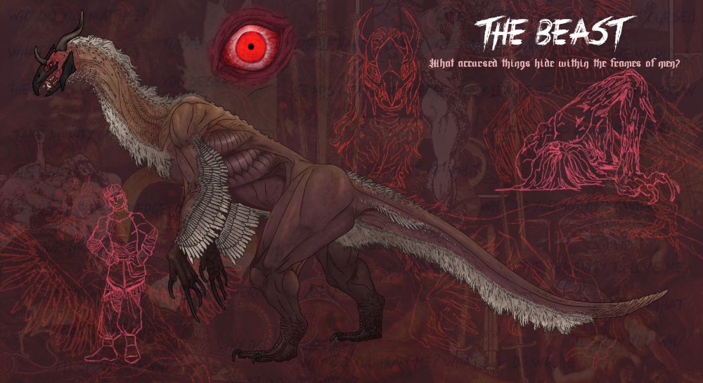A bird-like monster stands on two legs. it muscles are exaggerated and bulging, kinda damp/waxy, with wrinkly skin in some areas. It has a scraggly mane on its head and neck, some feathers on its arms, and some on its tail. It has long claws on its hands. Its head is a dark colored helmet contraption, behind which a heavily scarred face sits, along with two sets of horns. The background depicts a collage, and various sketches of the beast in various poses, a close-up of its eye, and its human form.