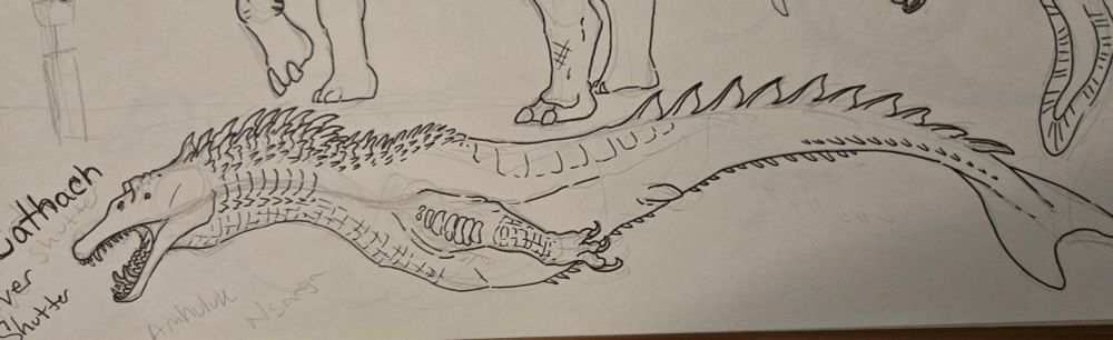 A sea monster. It has a crocodile like face, spines running down its neck. It has front legs with curled claws but its back legs are tiny fins. It has a Fluke like a whale