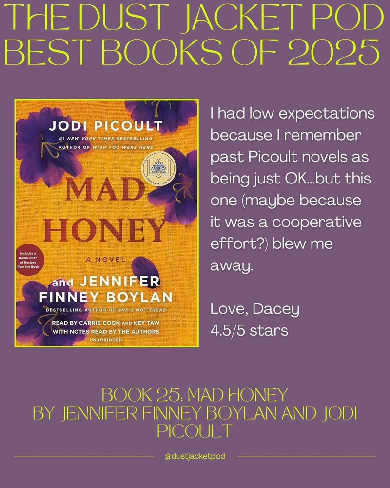 The dust jacket pod best books of 2025. 25 days until 2026. Images of the book cover. Book 25: Mad Honey by Jennifer Finney Boylan and Jodi Picoult. Blurb reads: I had low expectations because I remember a cult novels be just OK… But this one ( maybe because it was a cooperative effort) blew me away.