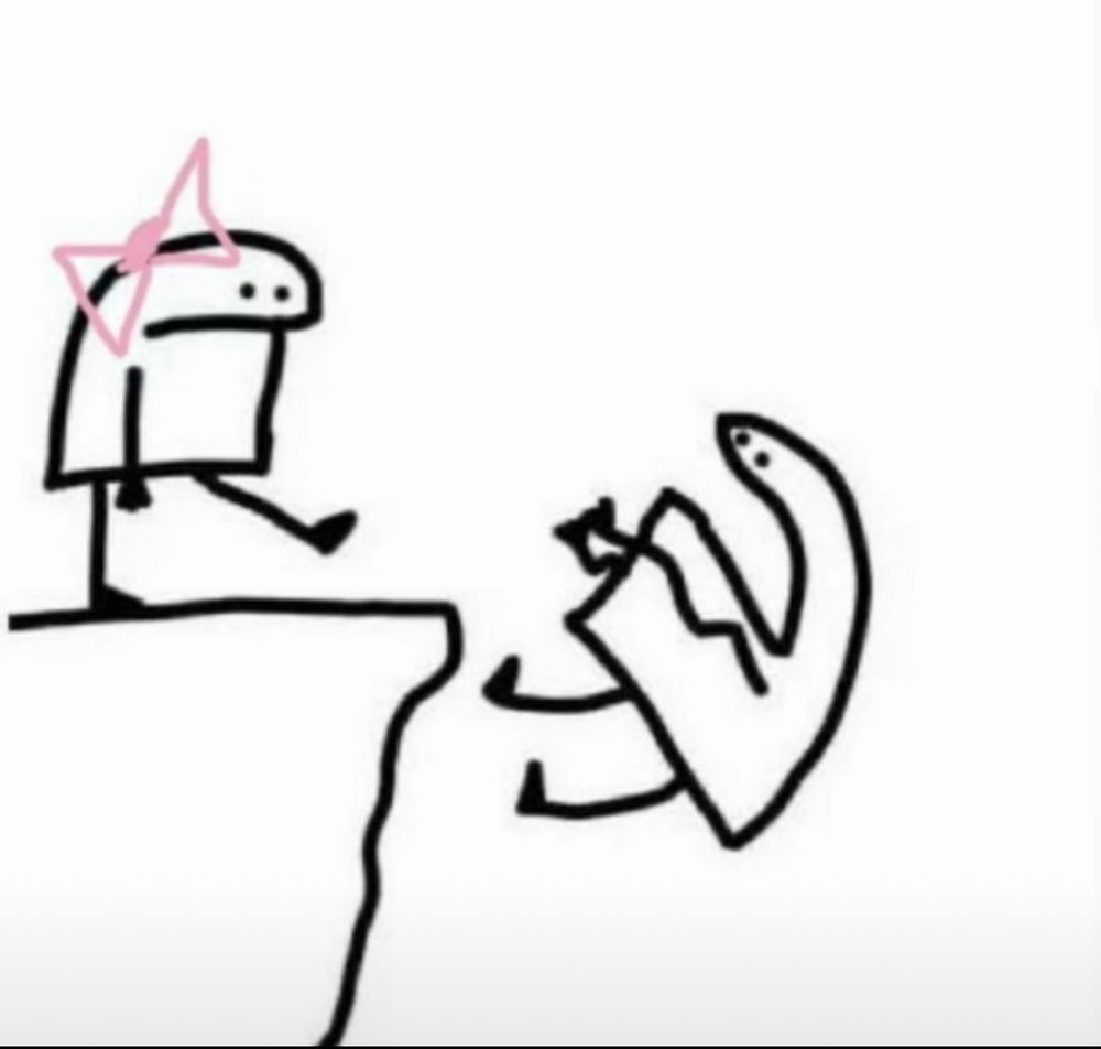 A stick figure drawing. A stick figure with a pink bow is standing at the top of a cliff, kicking. A stick figure without a bow is falling backwards off the cliff screaming