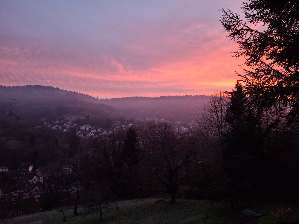 Sunrise in Heidelberg with a reddish sky