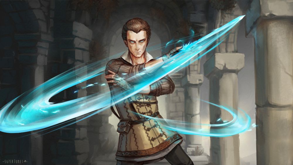 painting of Dark souls III fanart : a guy slashing the air with a magic blue dagger 