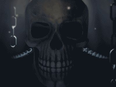 A floating skull in darkness struggling against chains which bind it. Smoke emits from within as it continues to struggle. Finally, perhaps in an act of desperation, the skull shatters.