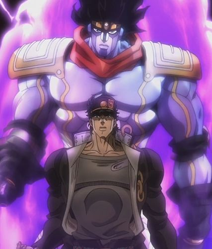 Jotaro from Jojo's Bizarre Adventure with his stand behind him