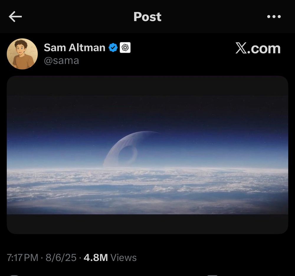 sam altman tweets on 8/6/2025 an image from Rogue One, of the Death Star peering over the horizon