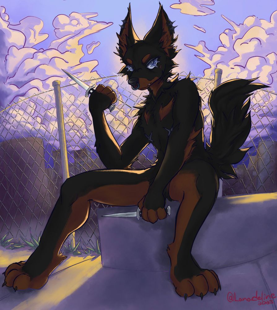 a digital painting of Dogtooth sitting, menacingly. 😈