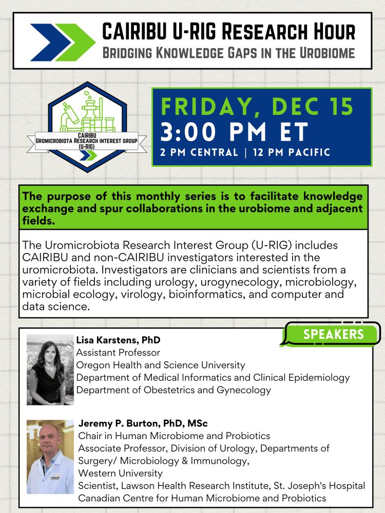 Poster announcing the CAIRIBU U-RIG research hour for Dec 15th at 3PM ET. U-RIG is a monthly series to facilitate knowledge exchange and spur collaborations in the urobiome and adjacent fields. Speakers were Lisa Karstens, PhD and Jeremy Burton, PhD MSc