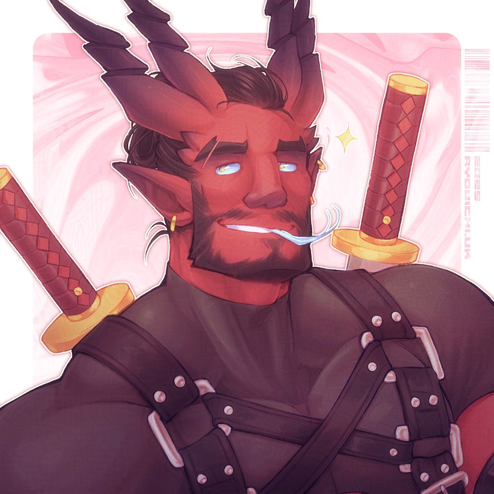 Shaded bust of Megethos. He is smirking towards the viewer with his tongue out.