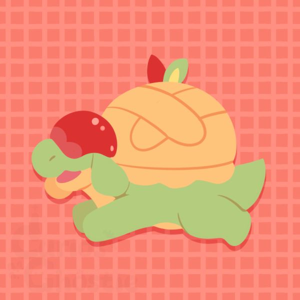 Digital art of Appletun from Pokemon, a stout, green dragon with a pie crust back and an apple helmet. The appletun is mid run to the left with a happy expression