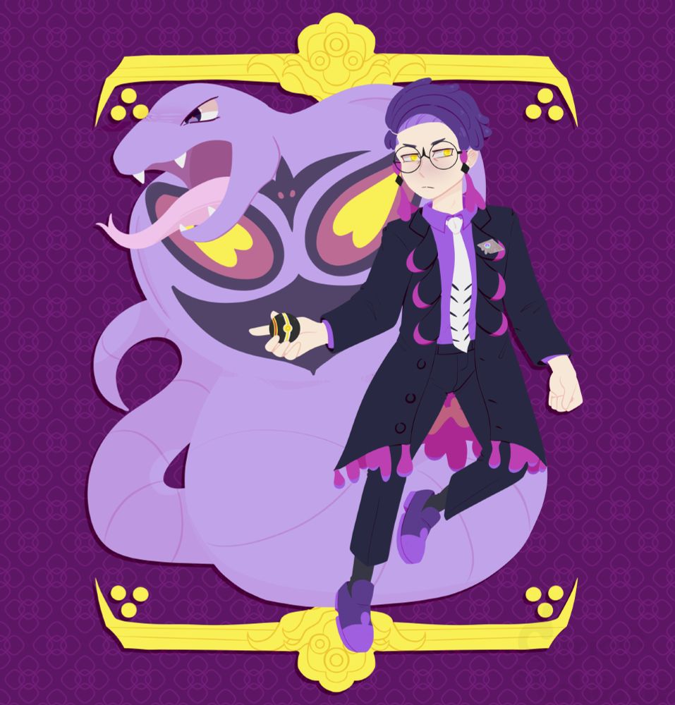 Digital Art of Corbeau from Pokémon: Legends ZA. Corbeau is midjump with a Luxury ball in his right hand and his left fist clenched at his side. He looks determined. Behind him is his Arbok who is mid hiss. There is an ornate gold border on the top and bottom with a magenta background of a similar pattern.