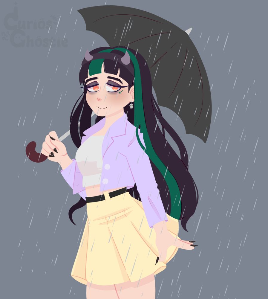 Digital art of a girl in the rain, holding her umbrella at an angle behind her. She has long black hair with streaks of dark green, a light complexion, and peachy-orange eyes. She wears dark eyeshadow and has bags under her eyes. Her outfit is a pastel purple cropped jacket, a white crop top, and a bright yellow skirt with a black belt. Her nails are long and sharp with black polish. She is smiling but looks weary.