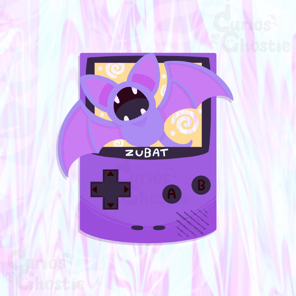 Digital Art of a purple Gameboy Color with a Zubat from Pokemon escaping the screen. The screen is yellow with swirls and dots. The Background is holographic.