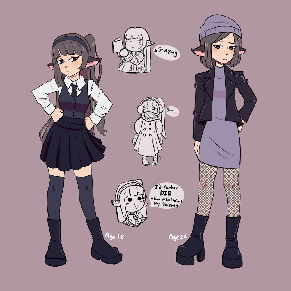 digital art of my original character. On the left is her at 18 in her school uniform which consists of a white button up, a dark grey vest, a black and grey striped tie, a black pleated skirt, dark grey knee socks, and black boots. she has ashen-brown hair that goes to her hips and has animal-like ears from the side of her head. She looks stern with her hands in fists resting on her hips. There are several black and white doodles of her down the center; one of her studying, one in a full trench-coat looking cold, and one with a cheerful expression stating "I'd rather DIE than disappoint my parents". On the right is her 6 years older, now with a sleek short bob hair cut and dressed in a grey turtleneck dress, leather jacket, fish nets, and black platform boots. She wears a much more pensive expression with only one hand on her hip.