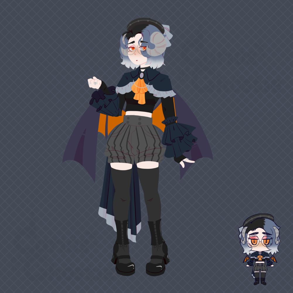 Digital art of the original poster as an incubus; complete with dark purple and orange wings coming from his lower back and grey ram horns from his head. The hair is a gradient from black to slate blue to white. His eyes are orange and skin very pale. The outfit is a take on a dandy gothic lolita victorian look; with Blue, black, and grey and plenty of ruffles. This is very self indulgent art