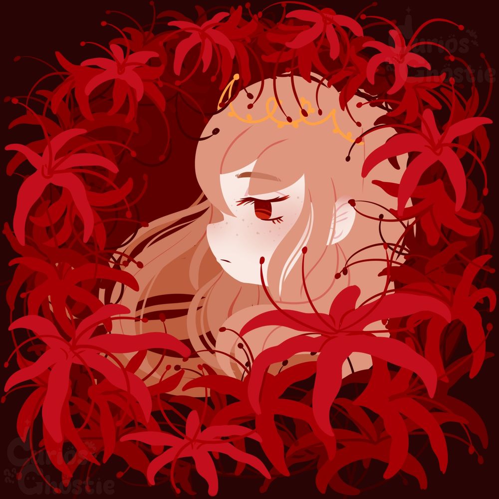 Digital art of a chibi-style girl looking to the left. She has pale skin, freckles, and red solemn eyes. Her hair is a light, warm brown and it's blowing in the wind. She wears a delicate gold tiara. She is entirely surrounded in a wreath of red spider lillies.