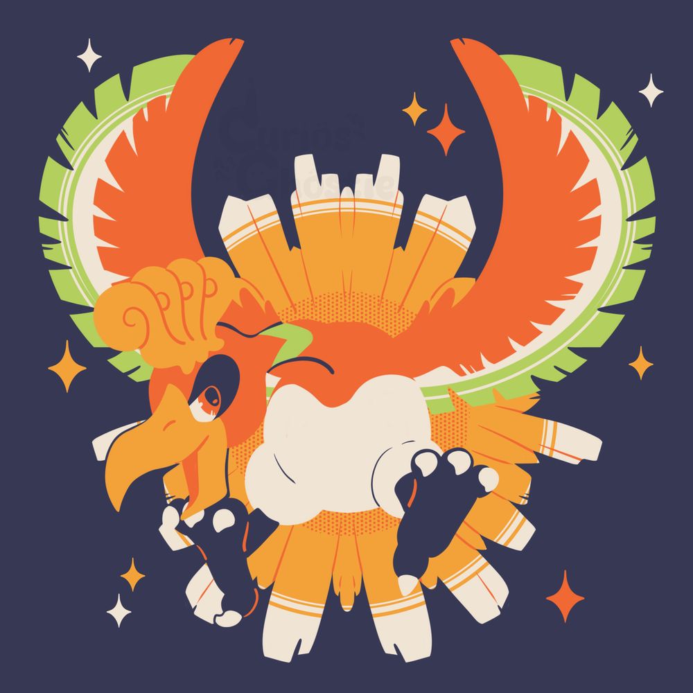 Digital art of Ho-oh from Pokémon done in only 5 colors. Ho-oh is a large phoenix like bird creature. Ho-oh is facing towards the viewer with its wings raised symmetrically and its head craned towards the left with its beak open. The background is a dark blue with diamond shaped sparkles using the same colors as Ho-oh.