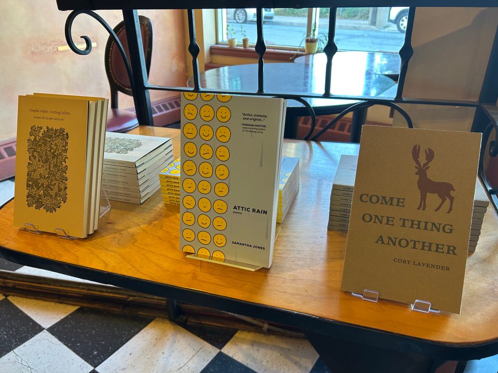 The poetry books Come One Thing Another, Attic Rain, and Graphis scripta/writing lichen arranged on a bookshop display. 
