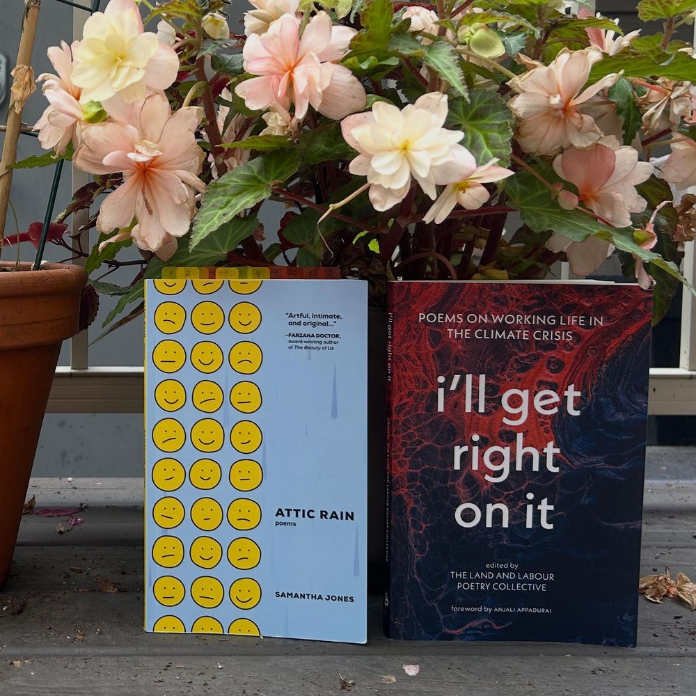 Two books standing up on a brown wooden patio in front of a potted pink begonia plant. The books are Attic Rain by Samantha Jones, which has a blue cover with yellow sort of smiley faces, and the book I'll Get Right On It! edited by the Land and Labour Poetry Collective, which has a red and black cover with white text. 