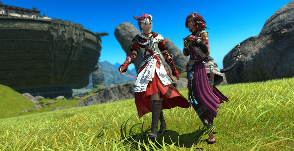 Nolina and Eru walking together on the Azim steppe. They are having a conversation together as they walk.