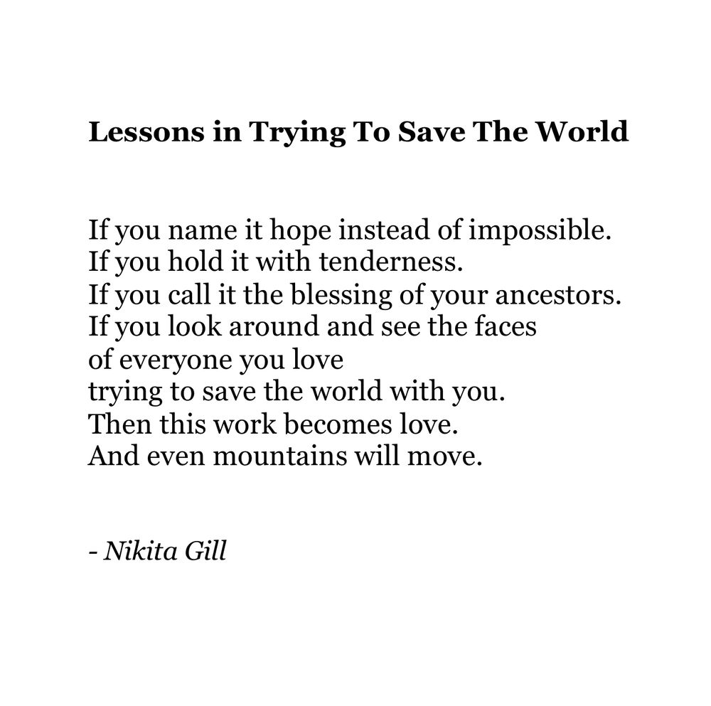 Lessons in Trying To Save The World

If you name it hope instead of impossible.
If you hold it with tenderness.
If you call it the blessing of your ancestors.
If you look around and see the faces of everyone you love
trying to save the world with you.
Then this work becomes love.
And even mountains will move.