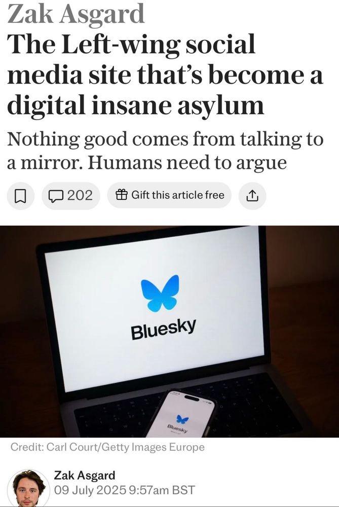 Article in the Telegraph from “Zak Asgard” with a headline that reads: The Left-wing social media site that's become a digital insane asylum

With a subheading: Nothing good comes from talking to a mirror. Humans need to argue